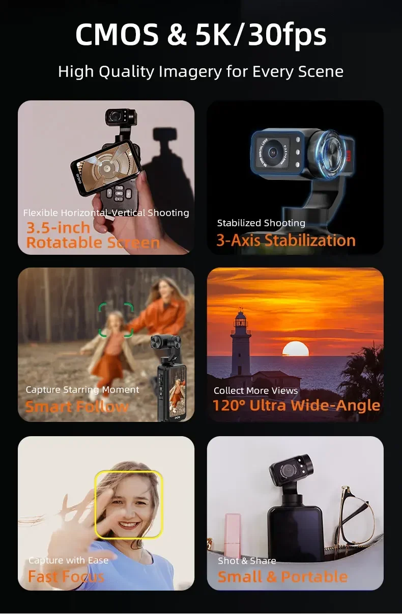Vlog Action Camera M5 180° Rotation Lens 3.5"Screen Face Tracking IR Night Vison