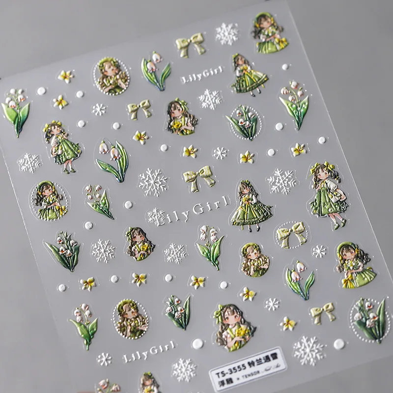 Lovely Lily of The Valley Girls Cartoon 5D Embossed Reliefs Self Adhesive Nail Art Stickers Cute 3D Manicure Decals
