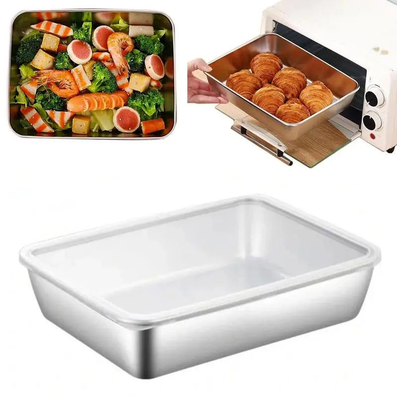 Stainless Steel Square Plate With Lid Food Grade Thickened Metal Plate Small Square Baking Dish For Oven Kitchen Supplies