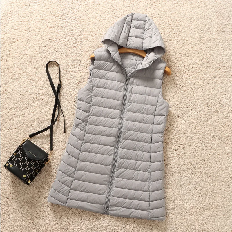 

Autumn Winter Women Sleeveless Hooded Down Waistcoat Jacket Parkas Ultra Light White Duck Down Vest Ladies Long Warm Tank Coat