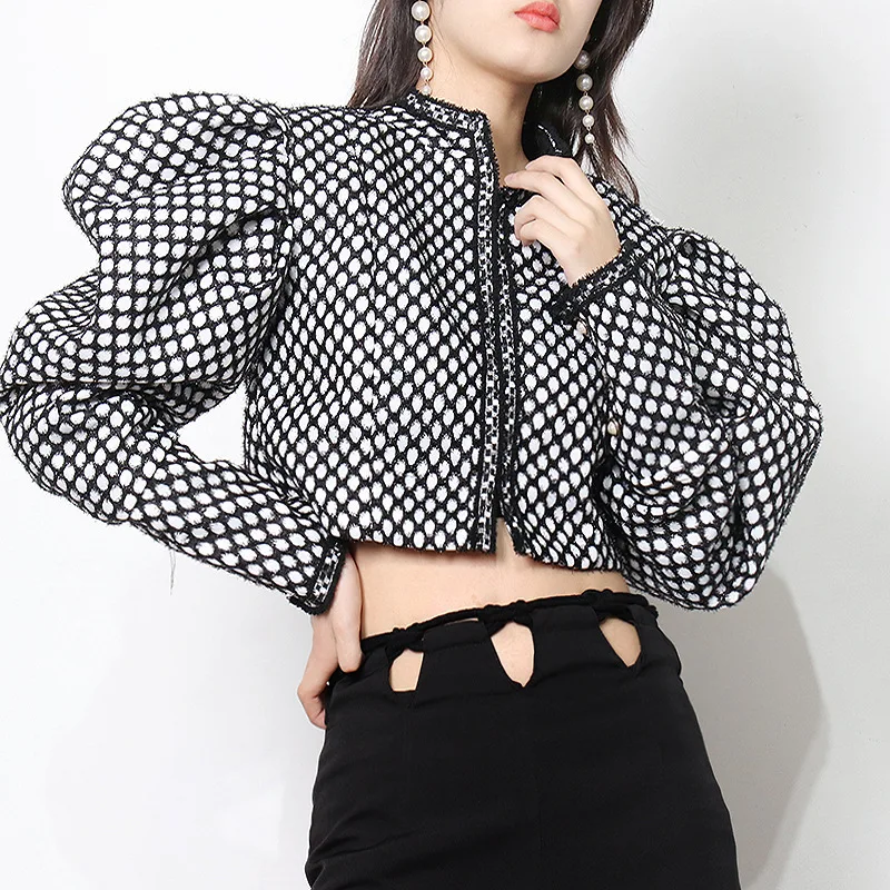 

Palace Retro Women's Jacket 2023 Spring Autumn New Standing Collar Single Breasted Bubble Sleeve Diamond Flocked Short Coat