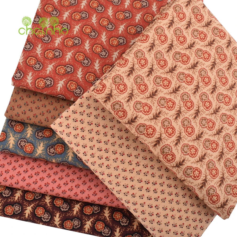 Chainho,Flower Printed Plain Cotton Fabric,Poplin Material For DIY Sewing Quilting Baby Child's Shirts,Skirt,Brownish Red Series