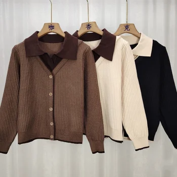 Knitted Women Top Long Sleeved Faux Two-Piece Sweater Spring Autumn Turn-down Collar Fashionable Stylish Sweater Base Layer Top