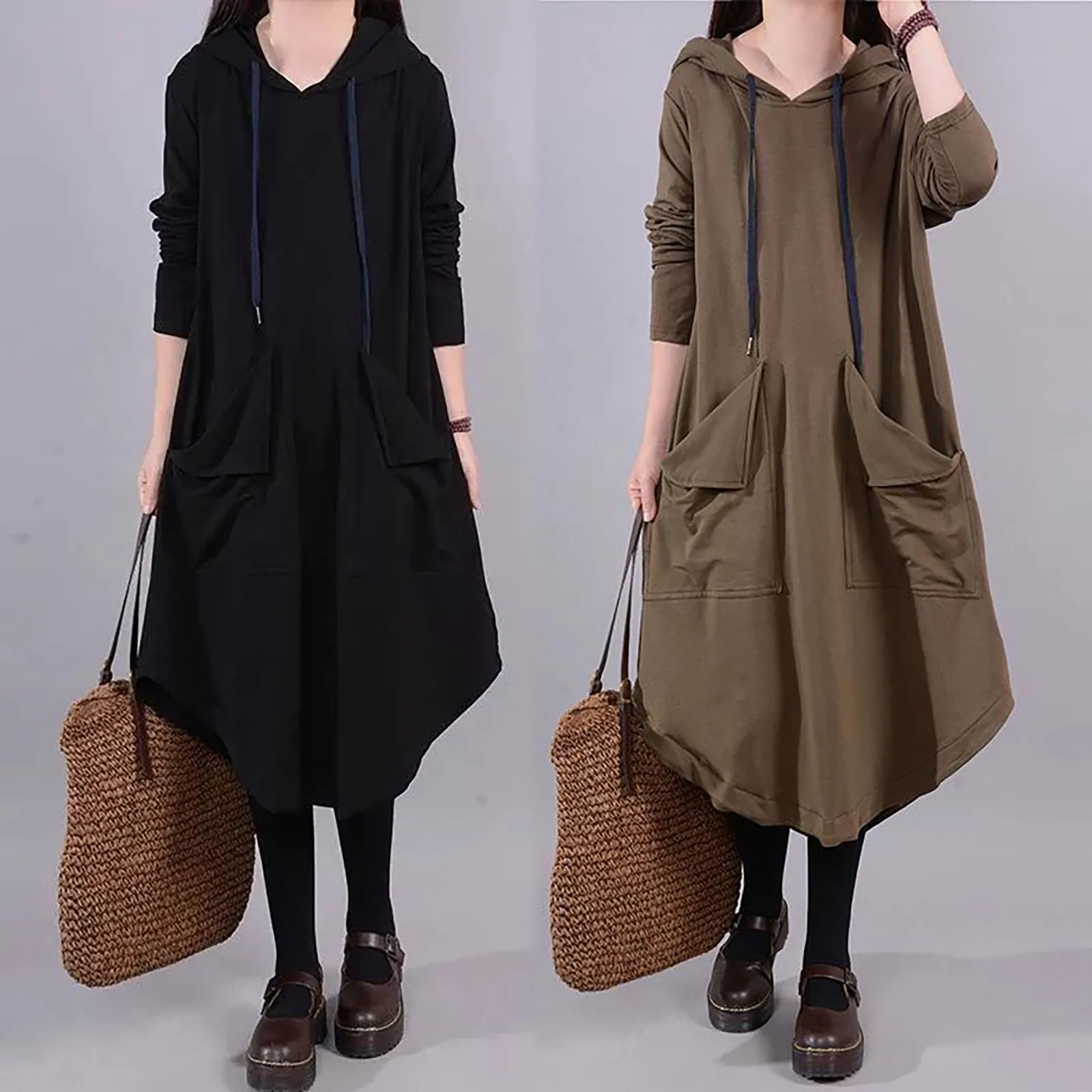 

2023 Spring Autumn New Solid Color Hooded Long Sleeve Midi Dress Women Fashion Pockets Asymmetrical All-match Vintage Dresses