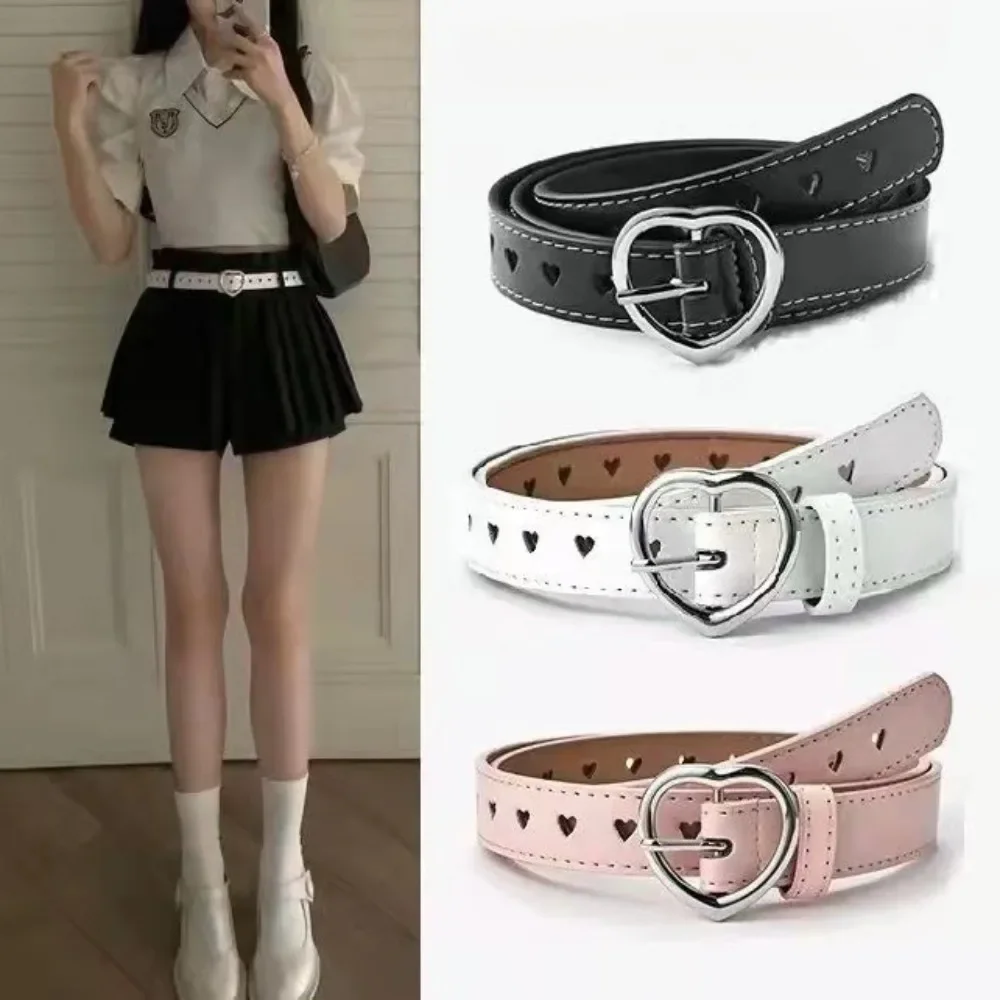 

PU Leather Punk Belt With Adjustable Love Heart Holes Luxury Designer Buckle Belt For Dress Jeans Fashion Women Belt