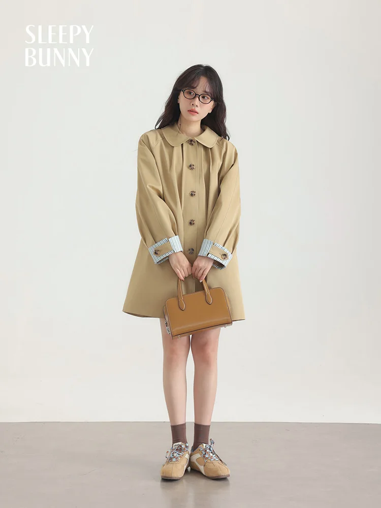 Women Peter Pan Collar Trench Coat Loose Fit Mid-Length Raglan