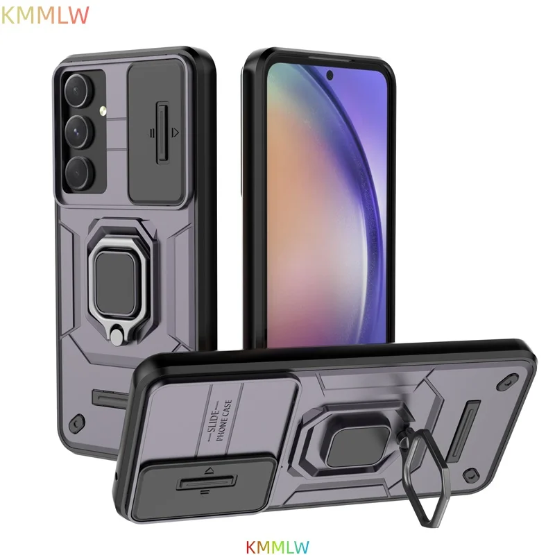 Shockproof Magnetic Ring Holder Armor Case with Slide Lens Camera Protection Cover