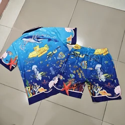 Submarine World Print Thin Fabric Blue Shorts Shirt Set Hawaii Men Women High Quality Loose Casual Beach Surf Shortpant Suit