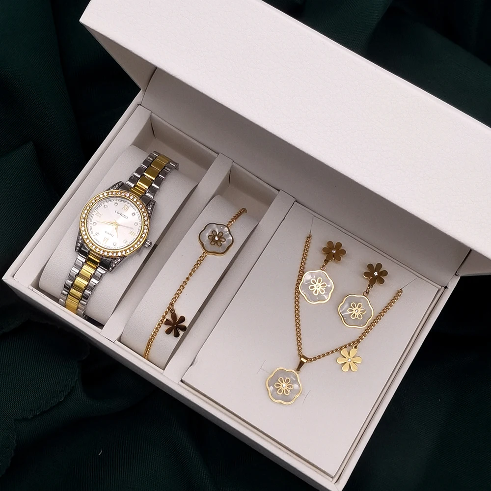 Women Quartz Watch With Flower Jewelry Set For Women Rhinestone Watch Steel Clock Necklace Bracelet Earrings Ring Set + Box