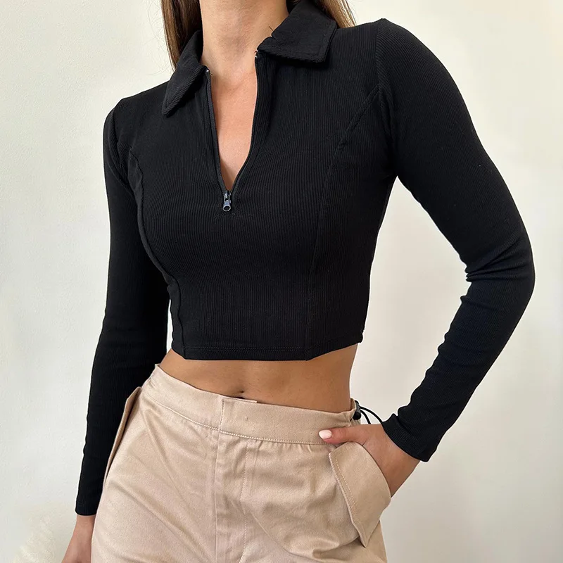 

Solid Color Lapel Zipper Basic T-shirt for Women's Long Sleeved Sexy Waistband Sports Top