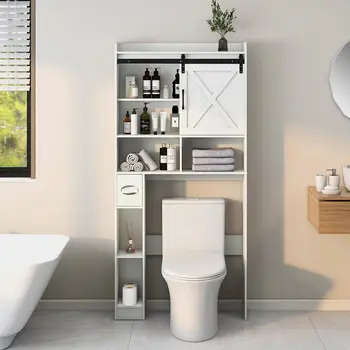 Vabches Over-the-Toilet Storage Cabinet with Sliding Door & Toilet Paper Holder 1