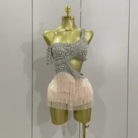 Luxury Sparkly Rhinestones Sexy Mesh Tassels Bodysuit Gloves Women Eveing Birthday Party Nightclub Performance Stage Costume