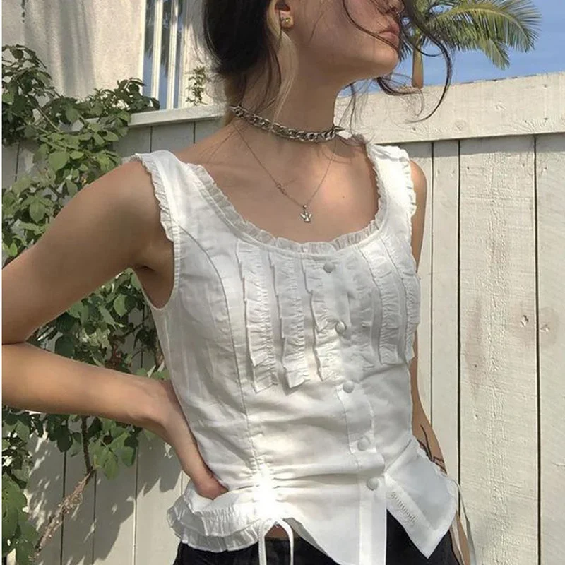 

2022 New Summer Pure White Sleeveless Vest-style Lace-up Round Neck Lace Drawstring Y2k Top With A T-shirt Inside And A Bottom