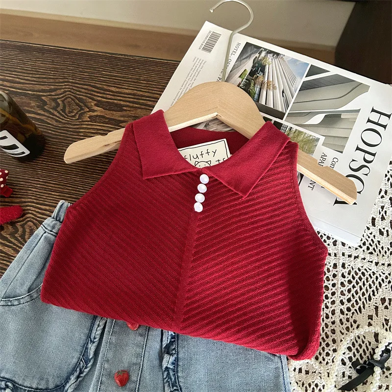 

Girl Vest Top Korean Style Children Wear 2024 New Summer Girls Lapel Knitted Vest Korean Style Fashion Vest Red Top Clothes