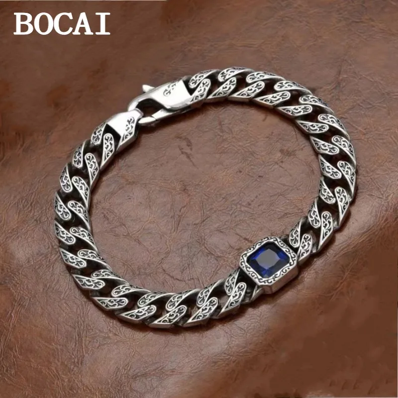 

BOCAI New 9mm S925 Sterling Silver Romantic Ocean Blue Türkiye Emerald Square Diamond Rattan Grass Pattern Bracelet for Men