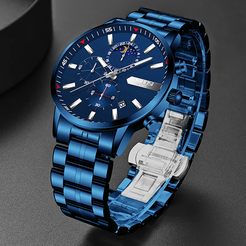 

NIBOSI Blue Watches for Men Top Brand Luxury Chronograph Luminous Quartz Watch Fashion Waterproof Stainless Steel Wristwatch