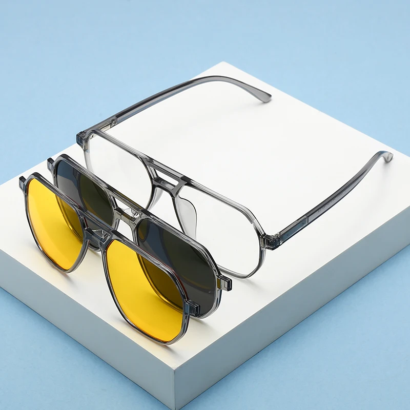 Neue Magnetische Clip-On Sonnenbrille mit Polarisierten Nachtsichtgläsern, Fahrerbrille mit Getönten Gläsern und Transparentem Grauen Rahmen