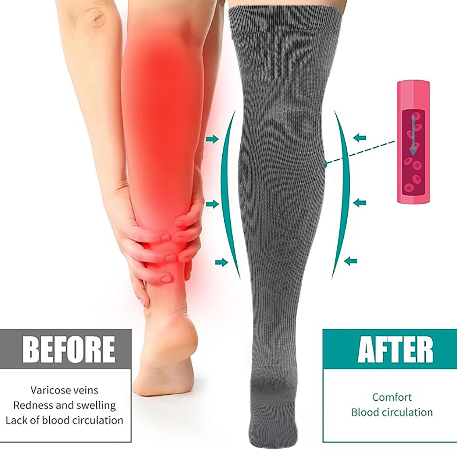 Compression socks for men and women, varicose veins, long socks for leg pain relief, knee pressure, neutral, solid color over kn