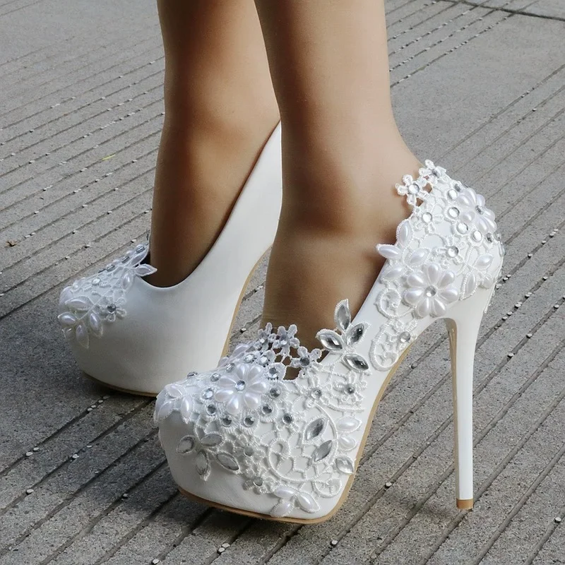 Wonen Pumps Platform Rhinestone Flower Fashion Office Shoes Round Toe Thin Heels 14CM High Heels Platform Women's Wedding Shoes