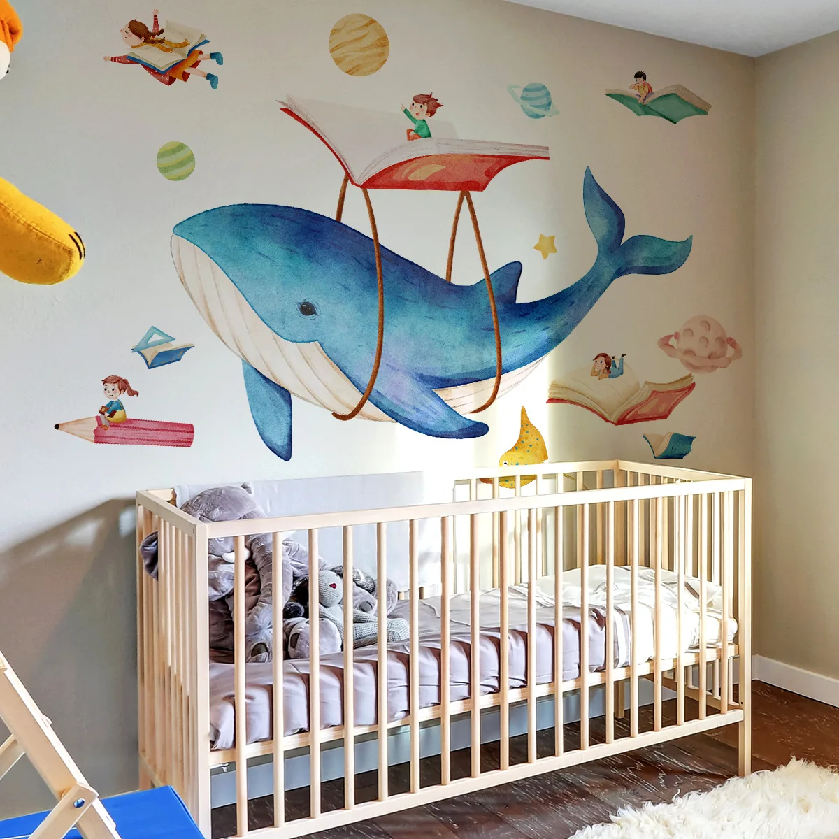 Cartoon Whale & Boy in The Ocean Wall Decal Removable Vinyl Wall Stickers for Classroom Nursery Room Decor 30x90cm