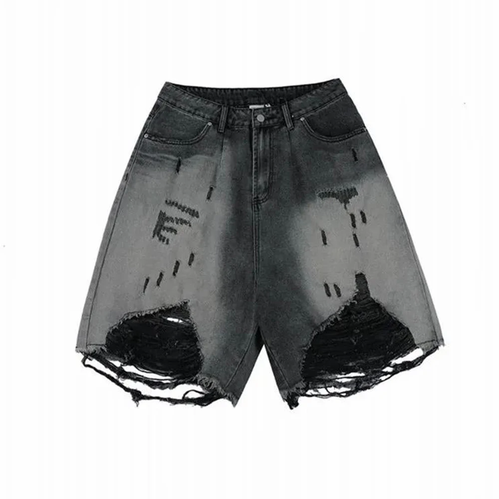 High Street Loose Washed Old Ripped Shorts American Retro Shorts Summer Street Y2K Hip Hop Tassel Wide Leg Casual Denim