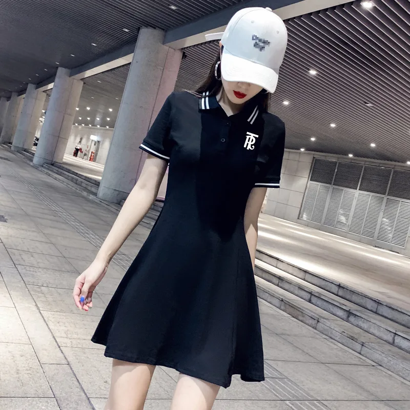 

Women's Summer Dress Fashion Casual Sports Versatile Mini Dresses Polo Collar Short-sleeved Waisted A-line Slim Black Dresses