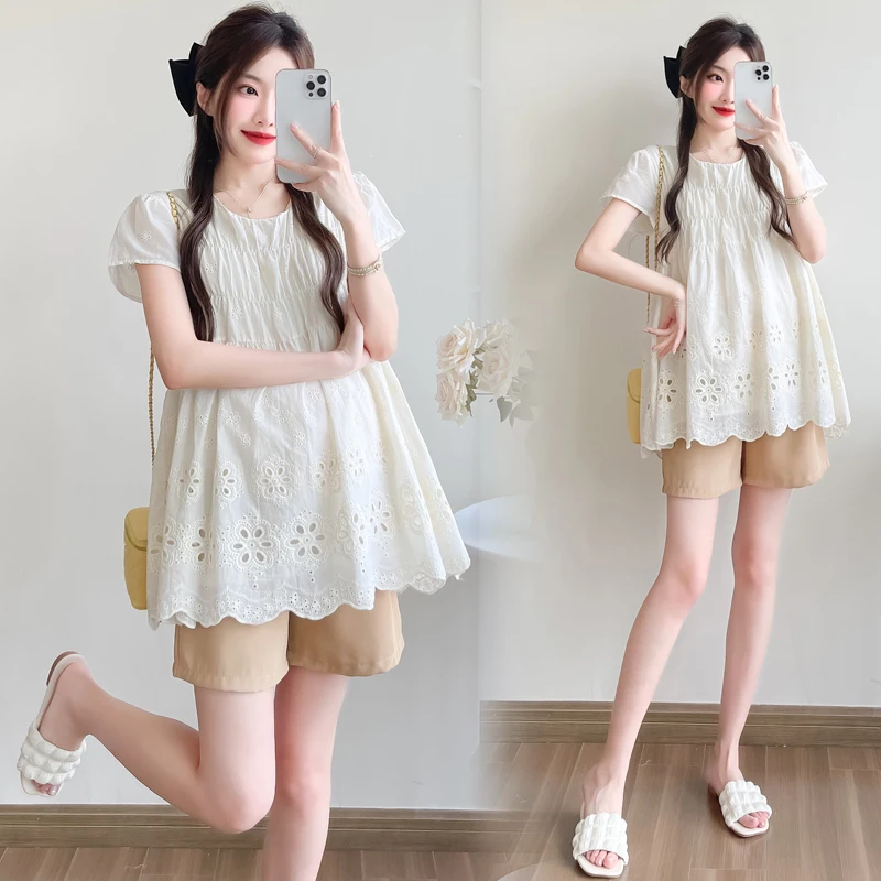 Pregnant Women's Summer Loose Clothes Set Hollow Out Embroidery Lace Shirts Belly Shorts Two Pieces Set Maternity Blouses Suits
