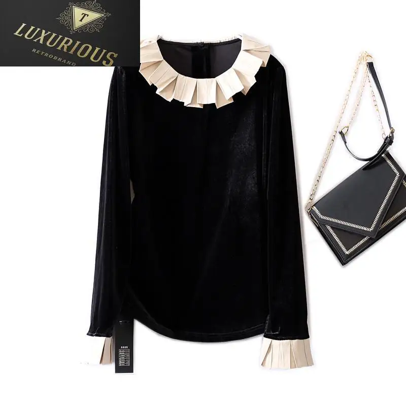 

Oversized T-shirt Patchwork Ruffle Collar Pinch Back Cardigan French Style Women's Gold Velvet Top Y2k Clothes