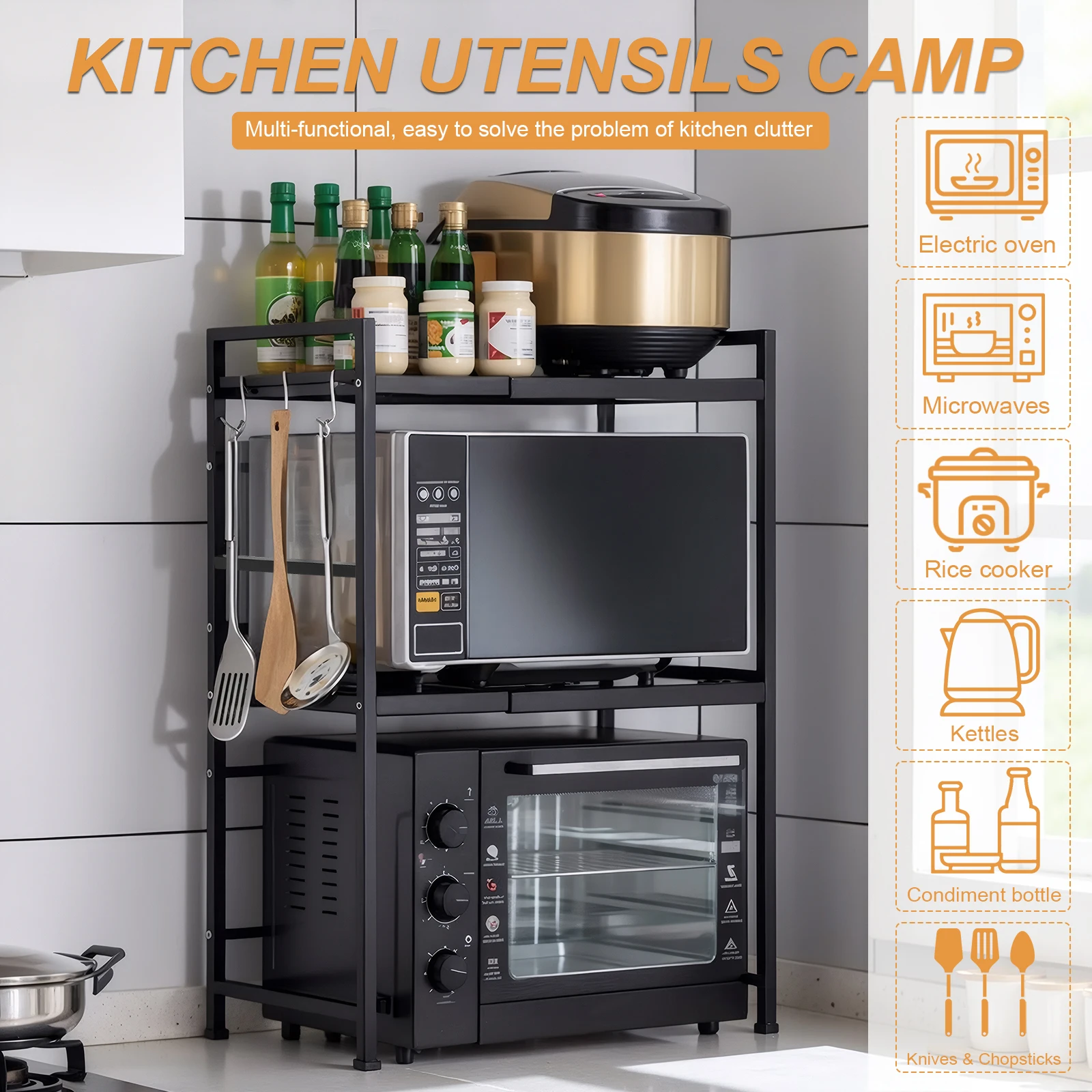 2 Tier Microwave Oven Rack with Hooks Seasoning Storage Rack Condiment Organizer Stand for Countertop Kitchen Utensils Tableware