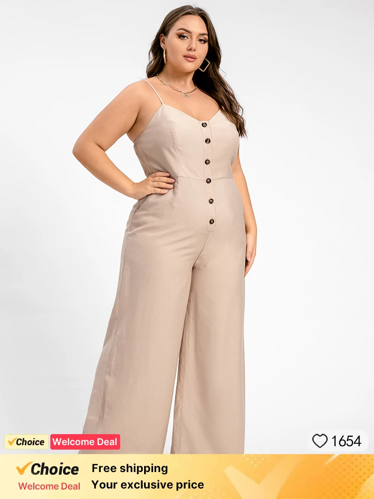 

Plus Sized Clothing Jumpsuit with Pockets Sexy Button Front V-neck Cami Jumpsuit Casual Big Size One Piece Overall Summer