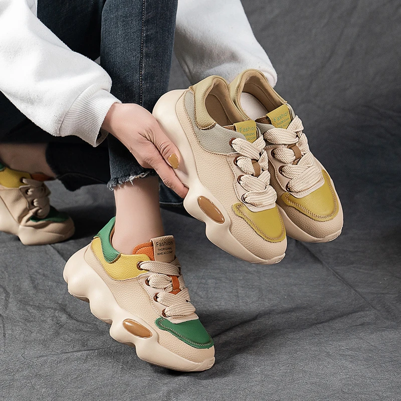 

High Quality Women Leather Shoes Comfortable Soft Vintage Chunky Sneakers Ladies Light Weight Thick Sole Tennis Zapatos
