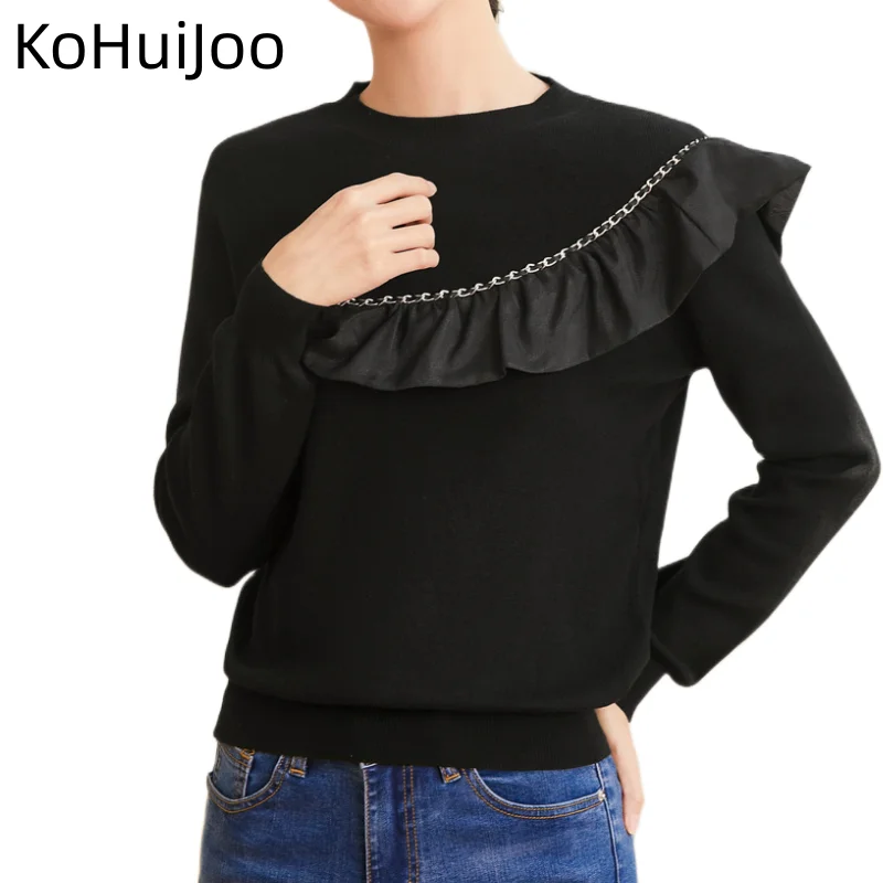 

KoHuiJoo Patchwork Knitted Tops Women Spring Autumn Long Sleeve O-Neck Fashion Long Sleeve Straight Ruffle T Shirt Bottoming