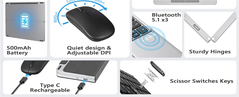 JOMAA Ensemble clavier et souris sans fil pliables Bluetooth avec support et fonction vocale intelligente._voghion.com