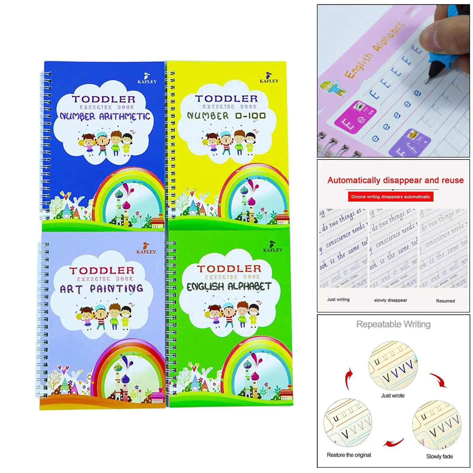 반복적으로 글쓰기 연습을 위한 필기책, 펜 리필 및 그립 포함, 어린이용 캘리그래피 세트