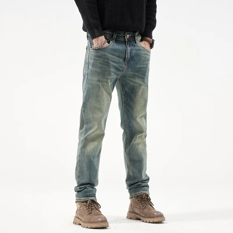 High quality long straight jeans for men big size stone wash cotton denim stretch fabric vintage trousers 2024 clothing - blue
