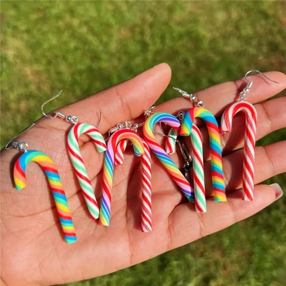 

Simple Style Christmas Earrings New Candy Cane Colorful Stripes Xmas Gift Santa Jewelly Christmas Hook Earrings