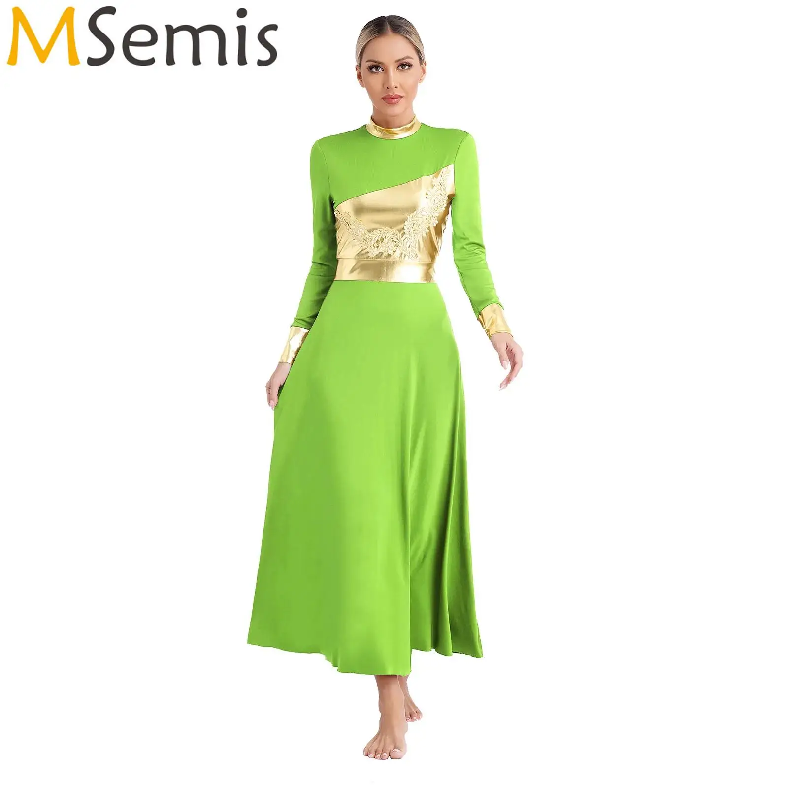 

Gymnarics Liturgical Lyrical Ballet Praise Dance Dress Women Metallic Shiny Long Sleeve Dance Prom Party Dress Worship Costumes