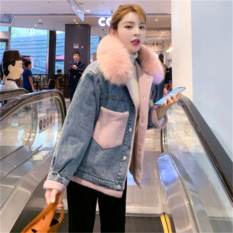 Fashion Big Wool Collar Plus Velvet Denim Women Autumn Winter 2022 New Korean Version of Thick Stitching Cotton Coat Female Coat