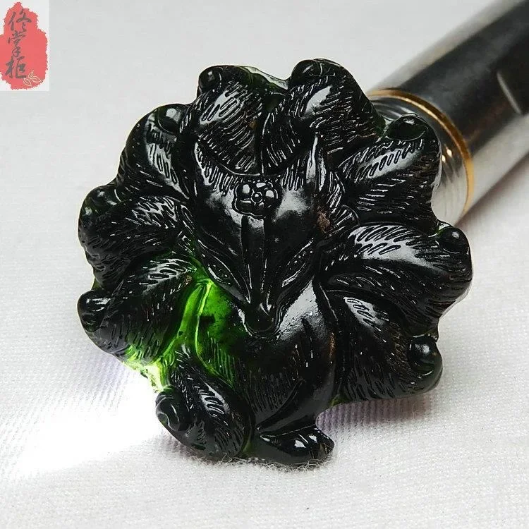 

Certified Chinese Natural Black Green Jade Lucky Nine Tailed Fox Pendant Necklace Fashion Charm Jewellery Hand-Carved Amulet Top