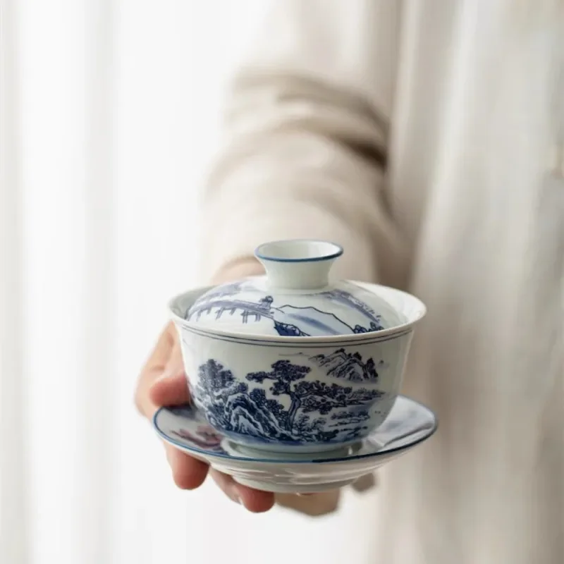 Blue and White Porcelain Sancai Covered Bowl, Single Tea Bowl with Lid, Non Scalding Kungfu Tea Set, Household Ceramic Maker