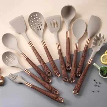 Kitchen Utensils Silicone Cooking Utensils Kitchenware, Gold-plated Wood Grain Handle, Spatula, SpoonsCooking Pots Set 3
