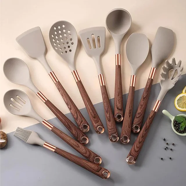 Kitchen Utensils Silicone Cooking Utensils Kitchenware, Gold-plated Wood Grain Handle, Spatula, SpoonsCooking Pots Set 3