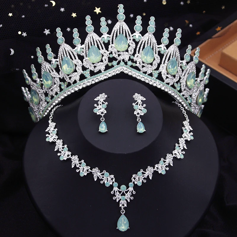 

Green Bridal Jewelry sets with Tiara jewellry set Bride crown and necklace Earrings sets Princess Girls Wedding Party Prom