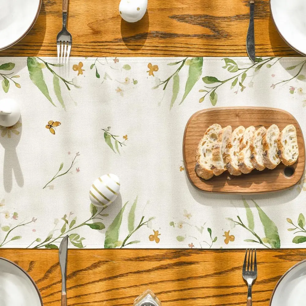 Easter Bunny Butterfly Eggs Flowers Linen Table Runner Holiday Party Decor Spring Kitchen Dining Table Runner Easter Decorations 5