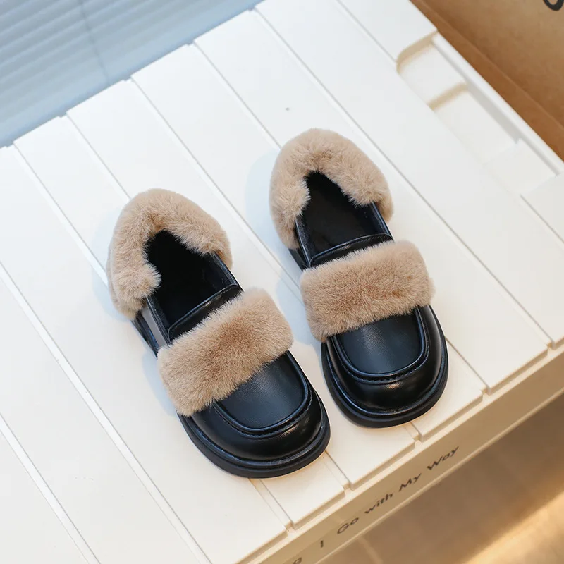 

Kids Leather Shoe Winter Furry Warm Girls Single Shoes Fashion Shallow Children Black Loafers Elegant Princess Mary Jane Shoes