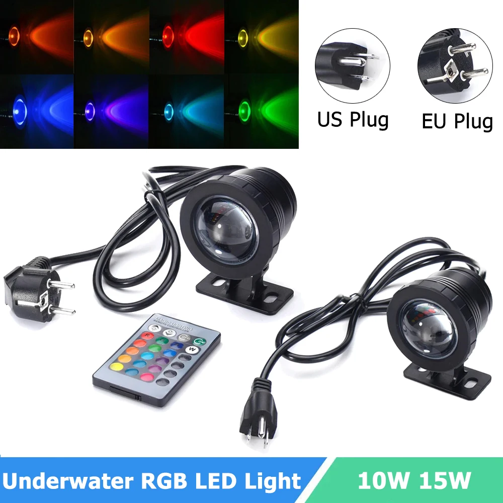 10W 15W Underwater RGB LED Floodlight Outdoor Waterproof Garden Spotlight Lamp For Fountain Swim Pool Pond Aquarium US / EU Plug