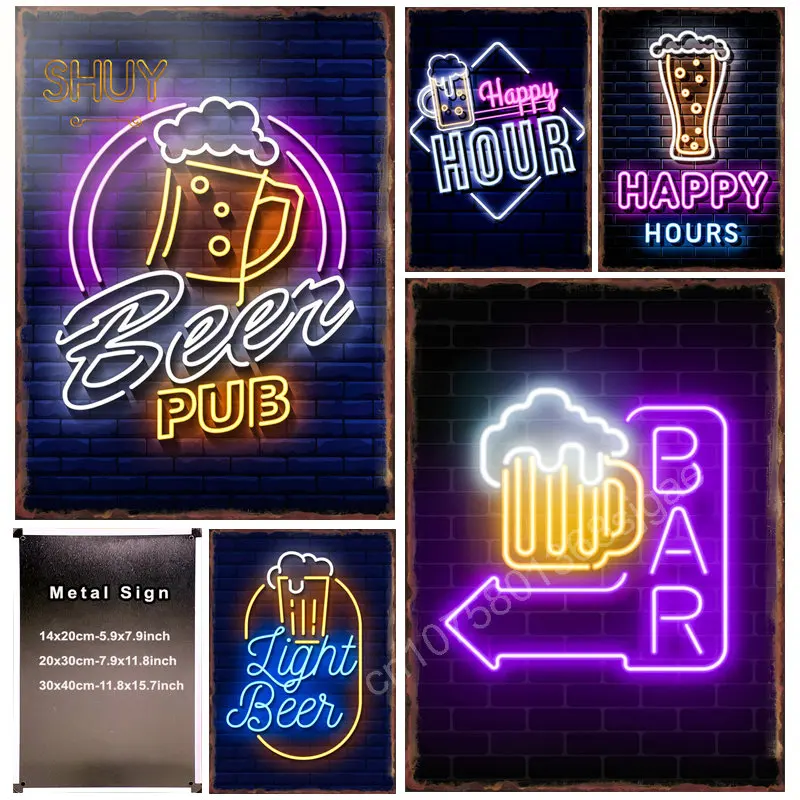 

Neon Beer Bar Metal Tin Sign Happy Hours Oktoberfest Party Club Pub Wall Decor Home Kitchen Room Decoration Iron Painting Poster