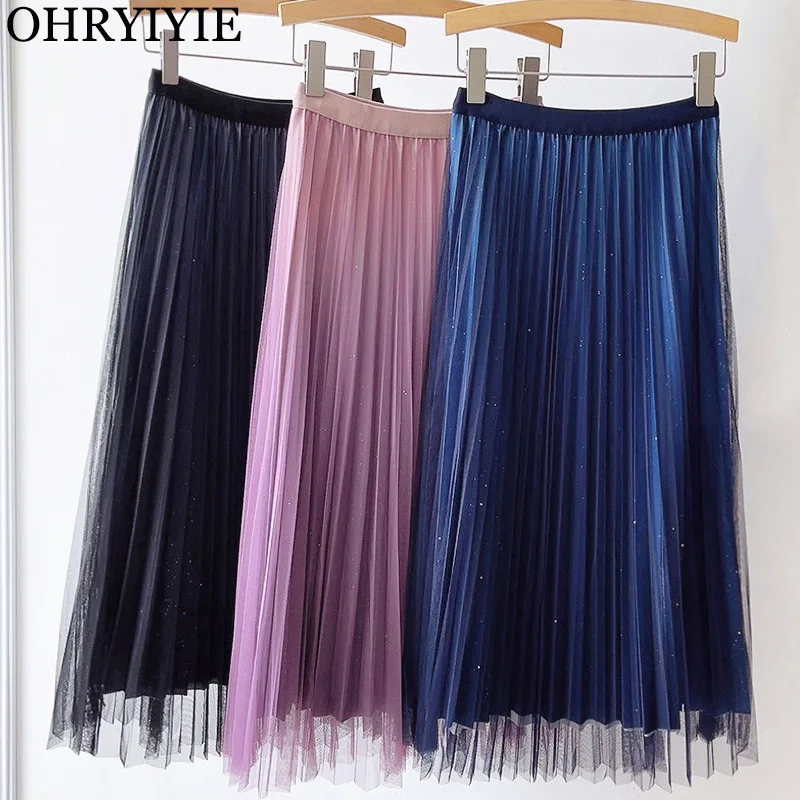

OHRYIYIE Purple Blue Women Tulle Skirt Autumn Winter Casual Patchwork Pleated Skirts Female Elegant High Waist Mesh Long Skirt