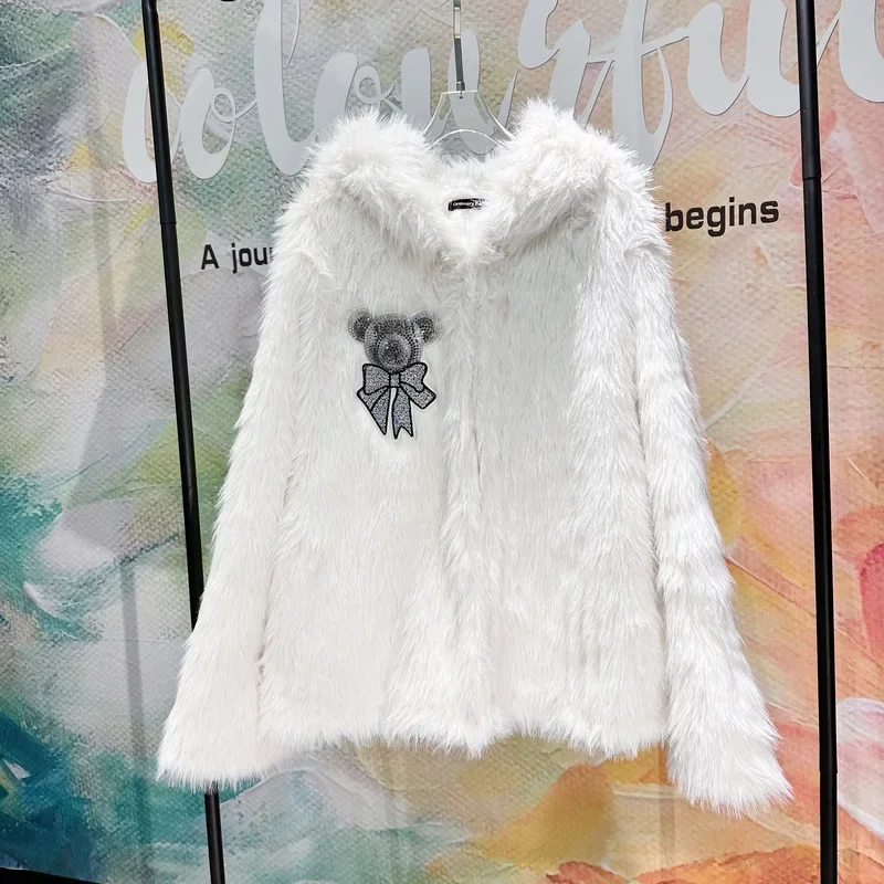 Women's 2023 Winter Clothes Fashion Fur Coats Rhinestone Bow Bear Cute Loose Jackets Long Sleeve Hooded Solid Color Lady Coats