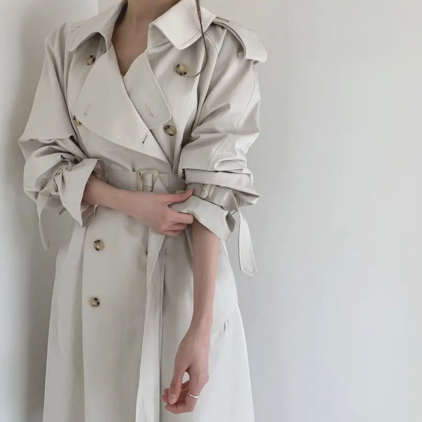 Women Long Trench Coat New Spring Autumn Casual Lapel Double Breasted with Belt Loose Coat Office Lady Korean Fashion Outerwear
